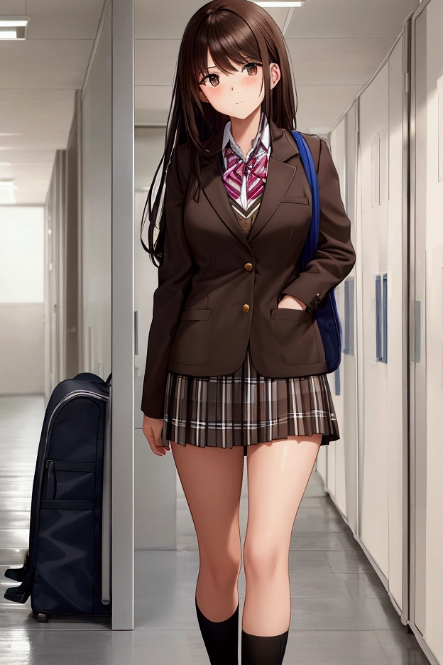 ((masutepiece, Best Quality, hight resolution, nffsw, Perfect Pixel,  4K, nffsw, nffsw))), 1girl in, Single, Solo, Beautie、full body seen、 ((Middle Wave Hair, Bangs, Brown hair)), ((Brown-eyed, Beautiful eyelashes, Realistic eyes)), ((Detailed face, Blushing:1.2)), ((Smooth texture:0.75, Realistic texture:0.65, Photorealistic:1.1, Anime CG style)), medium breasts, Dynamic Angle, Perfect body,  ((red bowtie, School uniform, Black jacket, Open jacket, Brown cardigan, White shirt, Black skirt, plaid skirts)), City staircase、Looking up from the bottom of the stairs、Very embarrassing panic smile, turned around、bending forward、(The wind flipped my skirt and exposed my butt....................、Touching the buttocks with both hands、White floral lace panties)、