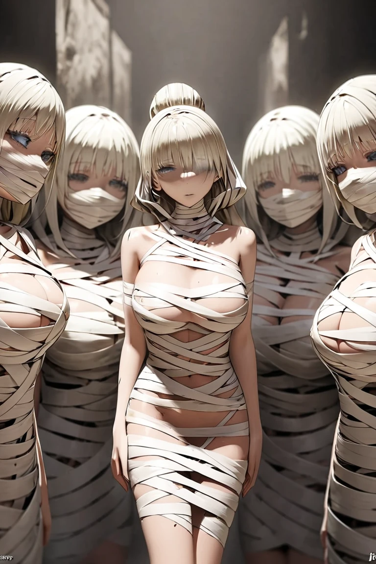 16k works,Highest quality,18-year-old,No background.White background only,whole body、sexy, One person, Beautiful Face,, Symmetrical eyes, Perfect body, Good balance、 Perfect body裸、,whole bodyに包帯を巻いて、Like a mummy,sit