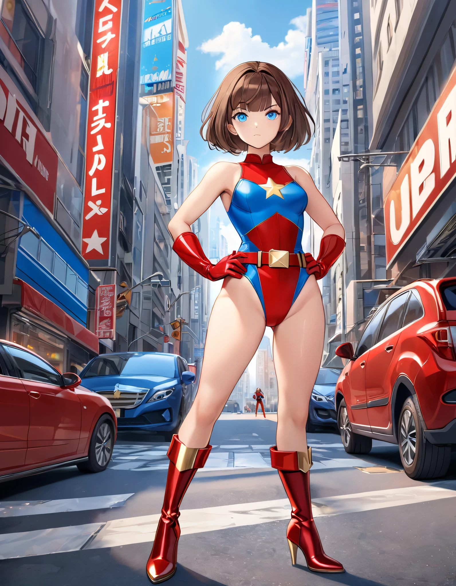 Masterpiece, best quality, high res, 8k, solo, solo focus, 1girl, superhero, brown hair, Bob hair, blue eyes, bangs, red and blue leotard, red briefs, bare legs, matching boots and gloves, ankle boots, high heel boots, (star belt, high-waisted belt, gold belt), hands on hip, city street