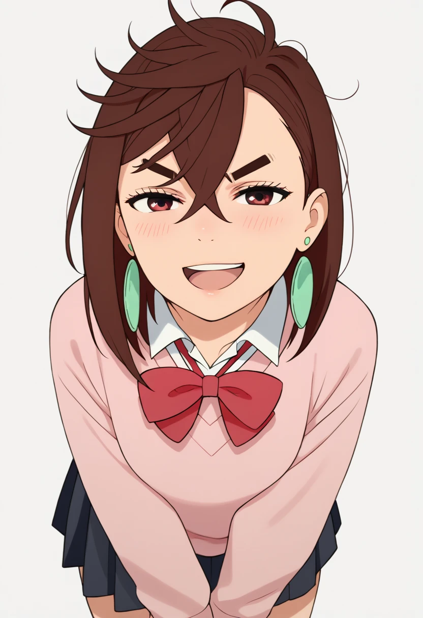 1girl,bent over, smirk face, ayase momo, brown hair, brown eyes, medium hair, hair between eyes, thick eyebrows, earrings, Messy Hair, school outfit, pleats skirt, red bow, pink sweater, harf open mouth, blush, looking viewer, pretty detailed anime style,