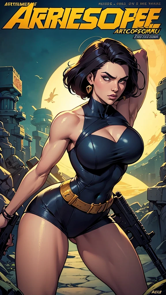 (masterpiece, top quality, best quality, official art, beautiful and aesthetic:1.2), (1girl:1.3), dark brown hair in a single ponytail, extremely detailed, portrait, looking at viewer, solo, (full body:0.6), detailed background, close up, gold eyes, (cool space ship theme:1.1), (green skin, reptilian, scaly skin), shapeshifter, charlatan, smirk, mysterious, walking on a spaceship, revealing jumpsuit, black leather, long boots, buckles, straps, pouches, collar, sleeveless, black latex, ((((gigantic breasts, cleavage, skindentation)))), slim waist, slim hips, long legs, futuristic (starship interior:1.1) background, dark mysterious lighting, shadows, magical atmosphere, dutch angle