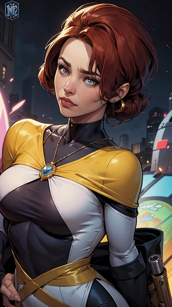 Rain Mikamura,yellow headband,perfect hands, perfect finger,perfect anatomy, masterpiece, best quality,realistic, hyperrealistic, 16k hdr,1girl, large breasts,erected nipples,brown hair, medium hair,green eyes,mobile trace suit, shoulder armor,pink and black bodysuit,sexy pose, upper body, cockpit,from below,smile,