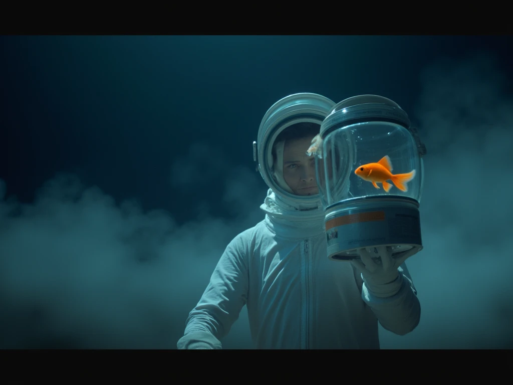 (work of art, cinematic style, impacting light in a graphic illustration style) an astronaut levitating in space. We can't see his face. His helmet is an aquarium inhabiting a small goldfish.