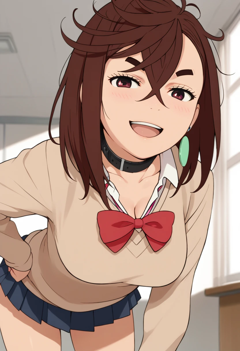 1girl,bent over, Pull on the collar, show cleavage, smirk face, ayase momo, brown hair, brown eyes, medium hair, hair between eyes, thick eyebrows, earrings, Messy Hair, school outfit, pleats skirt, red bow, pink sweater, harf open mouth, blush, looking viewer, pretty detailed anime style, 