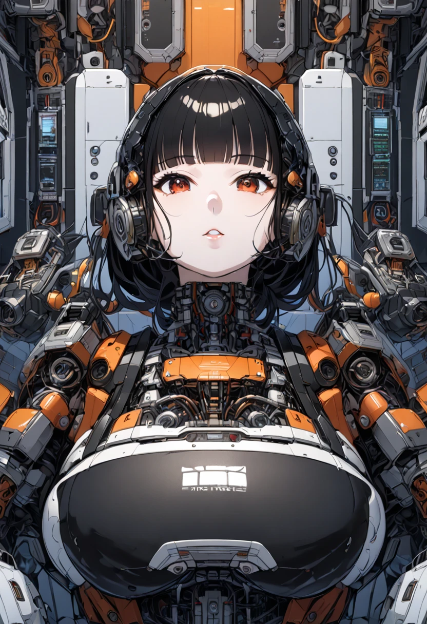 masterpiece, best quality, extremely detailed,portrait,upper body,front view,Japaese android girl,Plump, control panels,android,Droid,Mechanical Hand, Robot arms and legs,Blunt bangs,long tube,broken neck