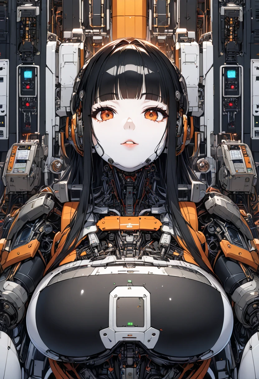 masterpiece, best quality, extremely detailed,portrait,upper body,front view,Japaese android girl,Plump, control panels,android,Droid,Mechanical Hand, Robot arms and legs,Blunt bangs,long tube,broken neck