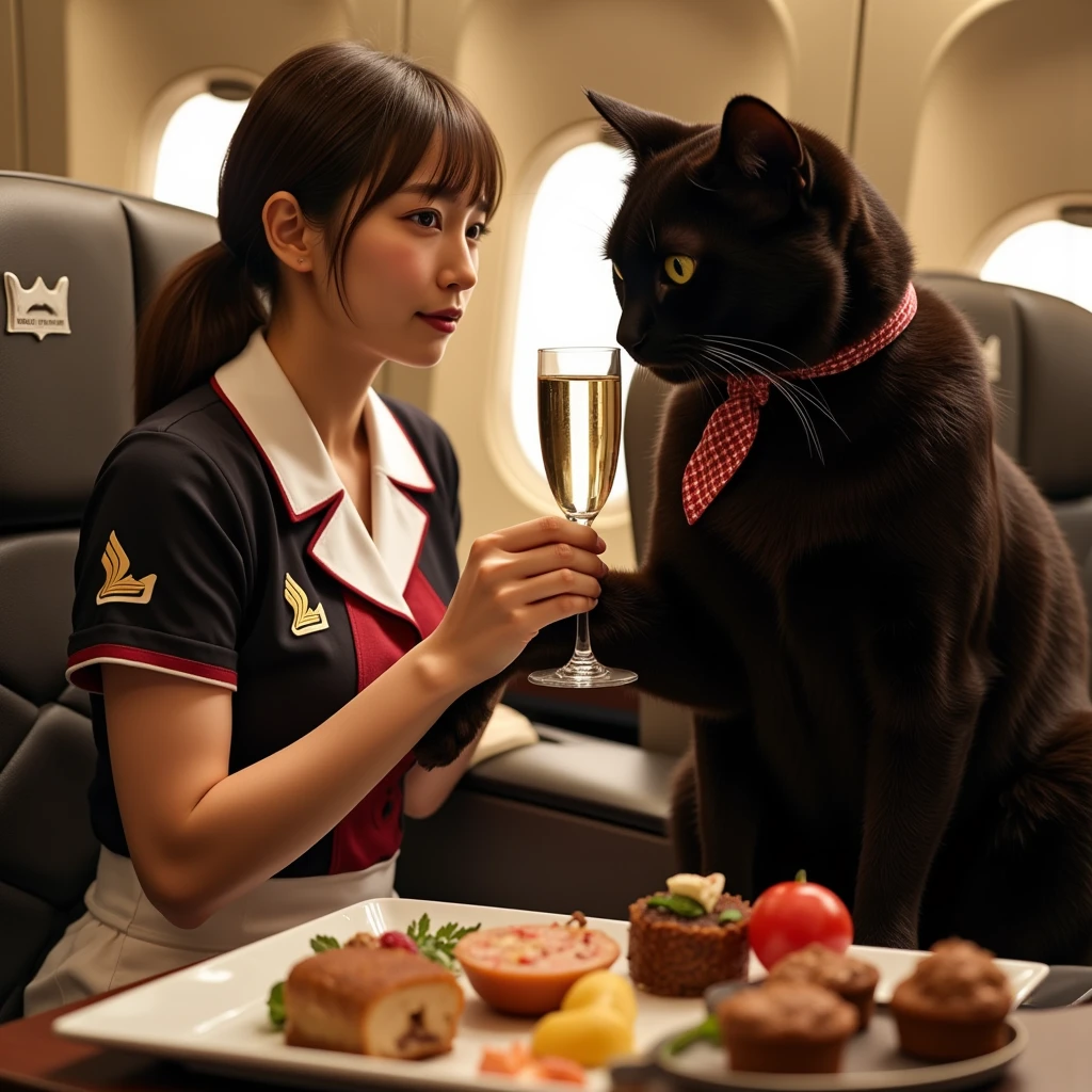 ultra-realistic, photorealistic, dramatic scene, shadow, global-illumination, solo, (teenage Japanese girl:1.5), very beautiful fragile Japanese girl, very beautiful with very cute but boyish cool face, (very large breasts), slim waist, (wearing a cabin crew uniform of Singapore airlines:1.2), (very large breasts), she is offering a glass of champagne to the human-like giant black cat of business class passenger, appetizer of a gorgeous cat food assort, the cat looks gentleman only wearing a necktie, 