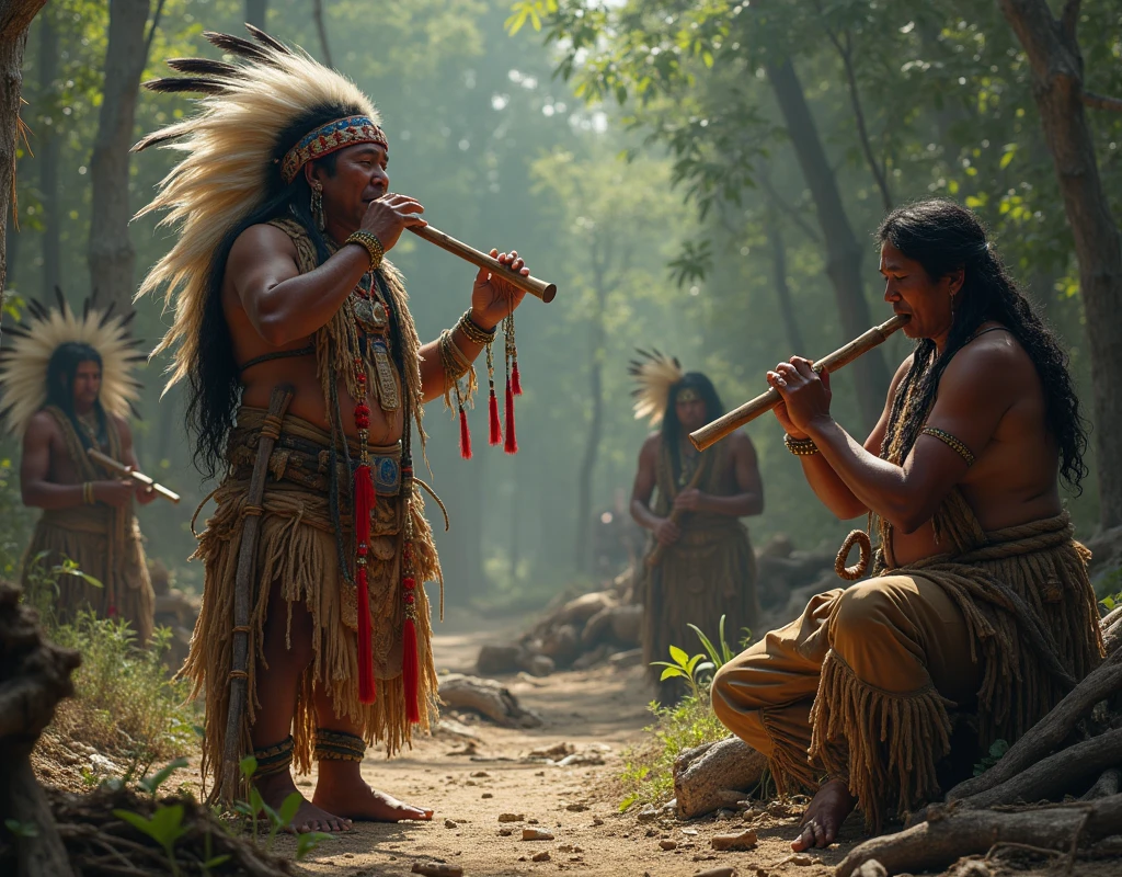 In a forest with a campfire, une meute de loups qui hurle, 2 beautiful Indian women can be seen dressed and dancing around a male Indian leader who is playing a large, modern drum set with multiple toms and cymbals in the middle.