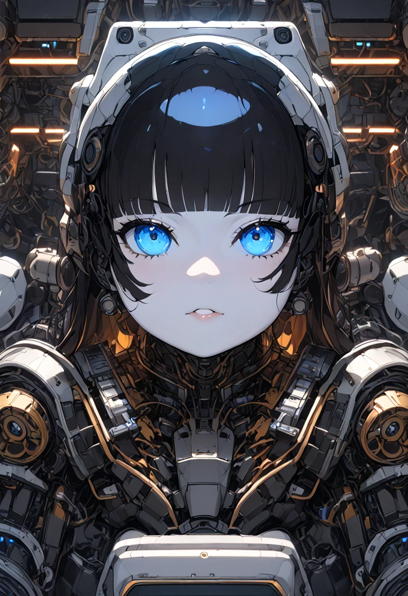 masterpiece, best quality, extremely detailed,portrait,upper body,front view,Japaese android girl,Plump, control panels,android,Droid,Mechanical Hand, Robot arms and legs,Blunt bangs,long tube,broken head,hyponosis