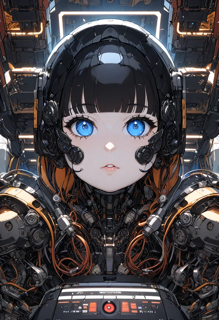 masterpiece, best quality, extremely detailed,portrait,upper body,front view,Japaese android girl,Plump, control panels,android,Droid,Mechanical Hand, Robot arms and legs,Blunt bangs,long tube,broken head,hyponosis