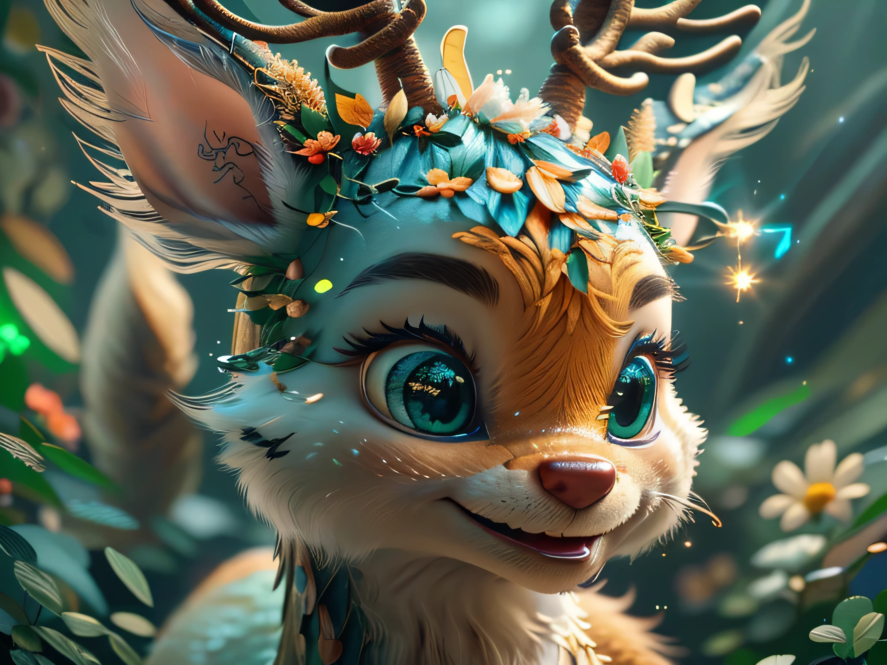 Magical Fantasy Creature, (Best Quality, Masterpiece, Representative Work, Official Art, Professional, Super Detailed, 8k:1.3), (Photorealism:1.2) Super Cute, Big Eyes, Soft, Soft Nose, Fluffy, Double-Toothed Smile, Aurorastyle, Highly detailed Dynamic shot of majestic adorable  reindeer, high quality, beautiful masterpiece, fantasy creature, kawaii, digital art, glowing sparkles, Realistic, Beautiful, Stars in Eyes, Soft Volumetric Light, (Backlight:1.3), (Cinematic:1.2), Intricate Details, (ArtStation:1.3), --auto --s2