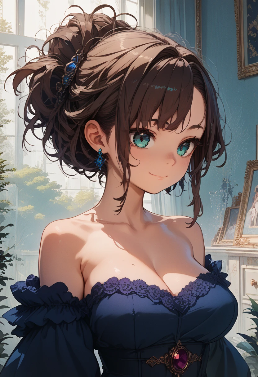 (score_9, score_8_up, score_7_up,source_anime,masterpiece:1.3),Vector Art,best quality,very aesthetic,absurdres ,intricate illustration ,ultra-detailed animation,1girl,loli,faint smile,Provoke,Brown Hair,Messy Updo Hairstyle,large breasts,Attempt to reduce breast size,Rounded breasts