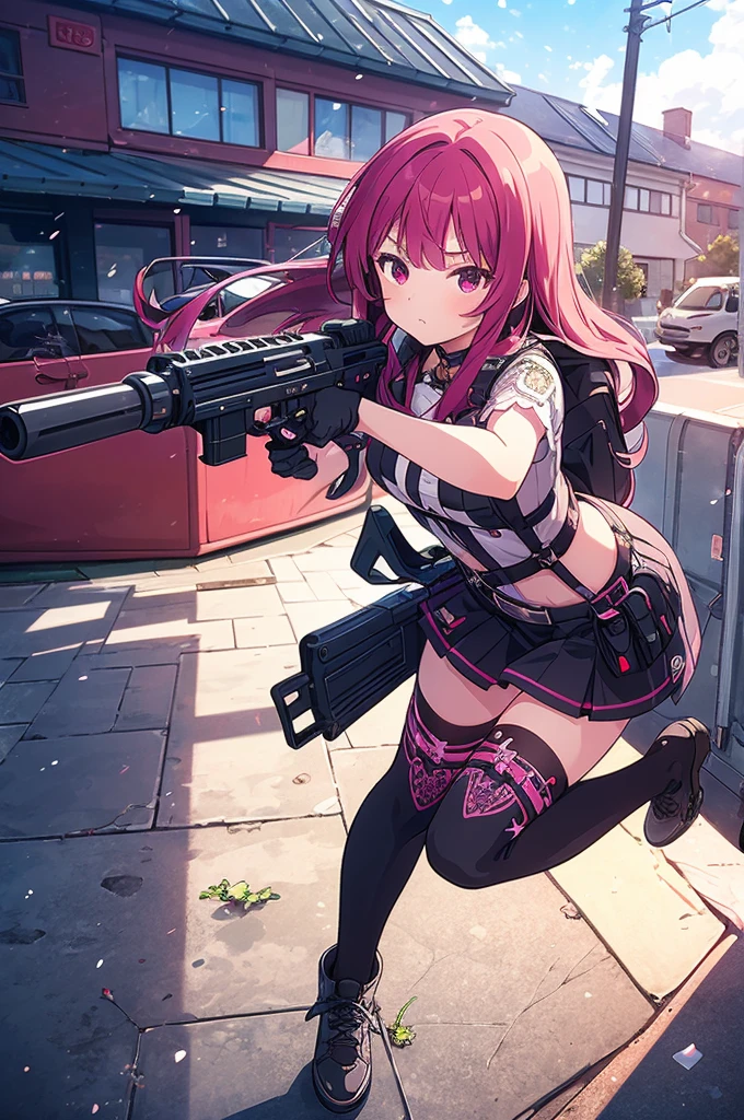 1girl, thighhighs,  wearing epTactical, gun, holding gun,, ultra detailed, masterpiece, best quality, aesthetic, detailed,