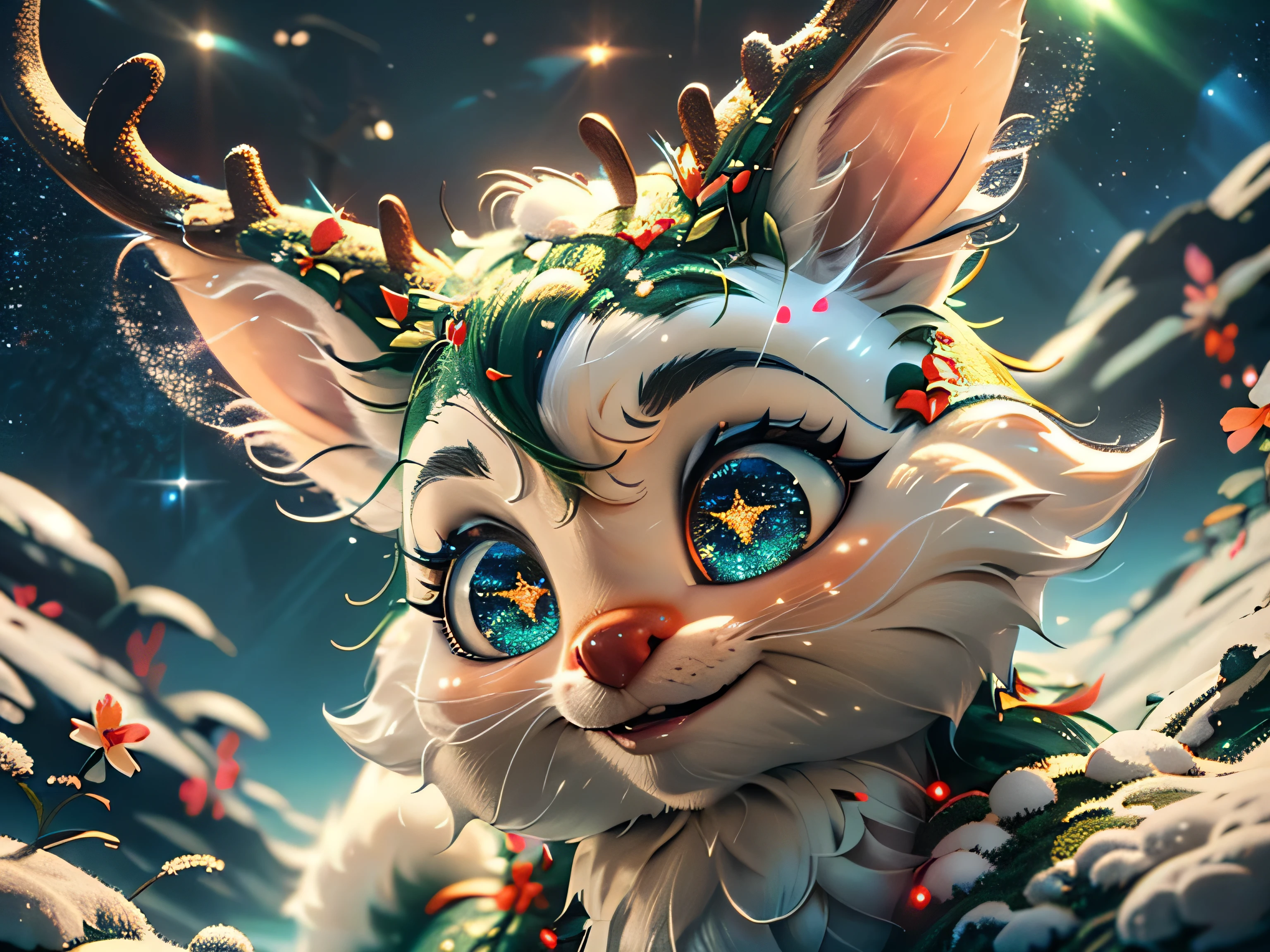 Magical Fantasy Creature, (Best Quality, Masterpiece, Representative Work, Official Art, Professional, Super Detailed, 8k:1.3), (Photorealism:1.2) Super Cute, Big Eyes, Soft, Soft Nose, Fluffy, Double-Toothed Smile, Aurorastyle, Highly detailed Dynamic shot of majestic adorable baby reindeer, high quality, beautiful masterpiece, fantasy creature, kawaii, digital art, glowing sparkles, Realistic, Beautiful, Stars in Eyes, Soft Volumetric Light, (Backlight:1.3), (Cinematic:1.2), Intricate Details, (ArtStation:1.3), --auto --s2