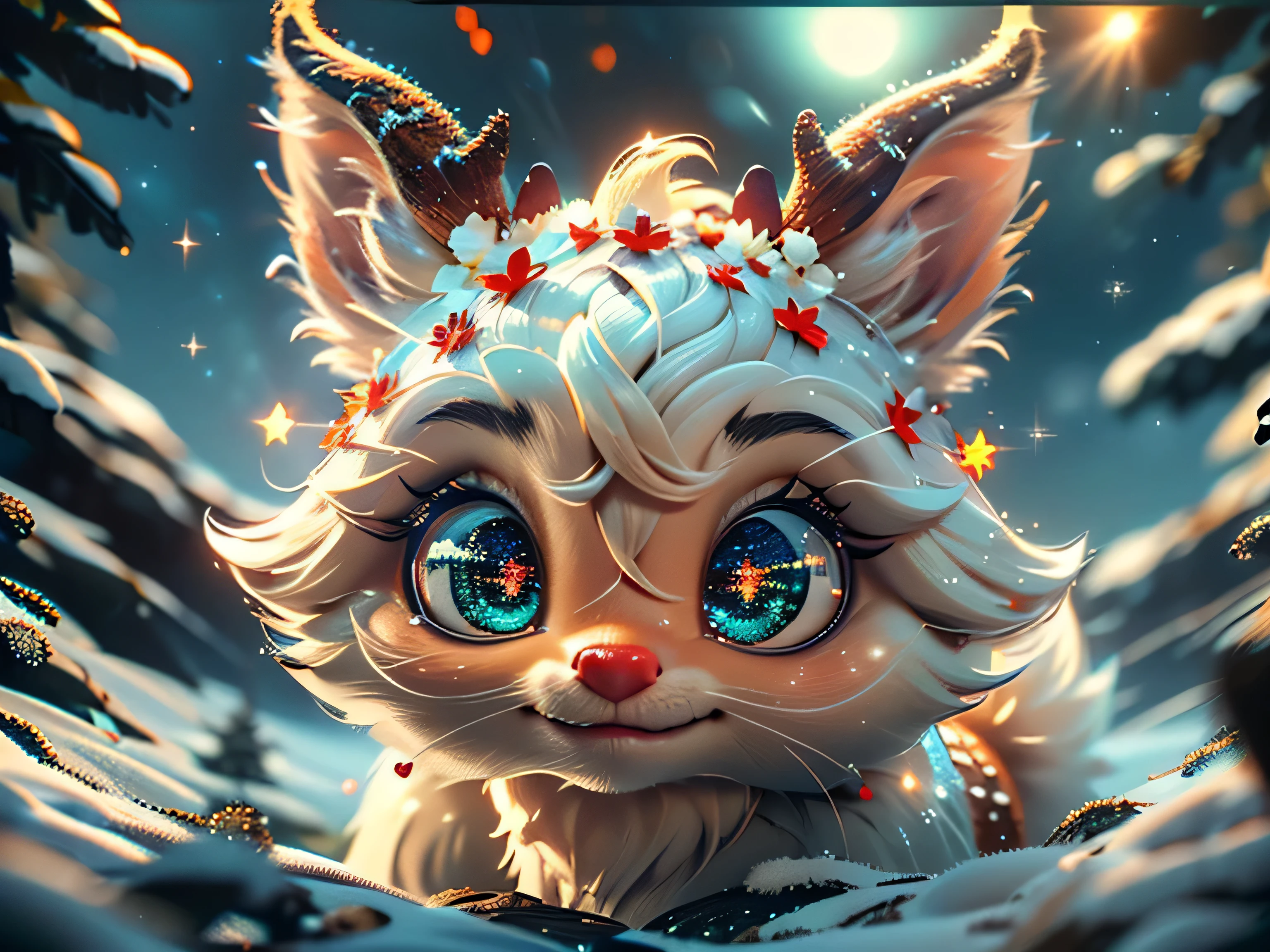 Magical Fantasy Creature, (Best Quality, Masterpiece, Representative Work, Official Art, Professional, Super Detailed, 8k:1.3), (Photorealism:1.2) Super Cute, Big Eyes, Soft, Soft Nose, Fluffy, Double-Toothed Smile, Aurorastyle, Highly detailed Dynamic shot of majestic adorable baby reindeer, high quality, beautiful masterpiece, fantasy creature, kawaii, digital art, glowing sparkles, Realistic, Beautiful, Stars in Eyes, Soft Volumetric Light, (Backlight:1.3), (Cinematic:1.2), Intricate Details, (ArtStation:1.3), --auto --s2