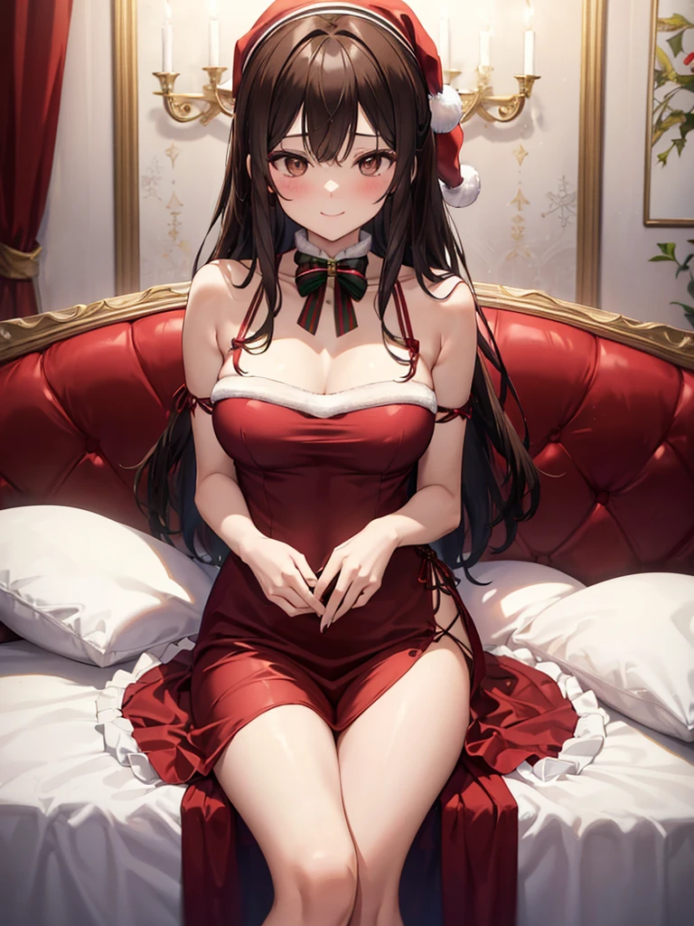 ((Sexy Santa Sheer Dress )), ((Christmas Costumes)), (( dress with side slits)),  Romantic Lighted Dark Night Cabaret, (非常に美しくスタイルの良い 1 woman),  ( 1 woman:1.4), Brown eyes,  dark blonde with loose curly hair ,  dark night cabaret with romantic lighting ,  looking here, White false nails , (Mid-chest),  The background is European and gorgeous ,  lighting is dim,  sitting on a luxurious sofa, Cute Smile, NSFW