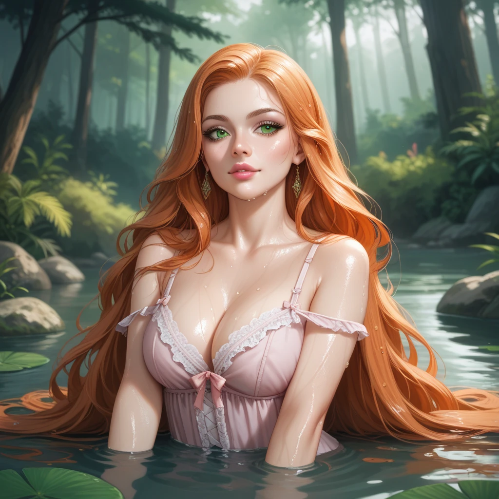 (1girl, solo:1.2, (girl is on all four on the ground) ), (girl is nude, (redhead long hair), (detailed olive eyes, face), (healthy body)), (enchanted forest, waterfall, flowers) (detail):1.4