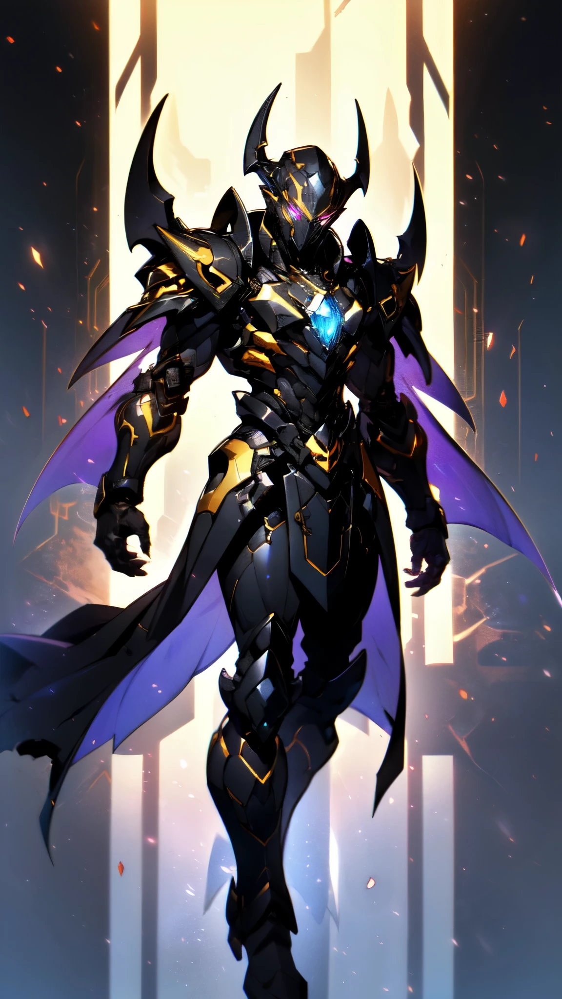 (masterpiece:1.5, best quality:1.5, extremely delicate:1.5), ((male:1.5)), a man wearing a full-face helmet, high-tech biomimetic armored combat suit, (a composite layered chest armor), the design balances heavy with agility, fully enclosed shoulder guards, matching arm and leg guards, a belt of gemstone, (the color scheme is primarily Red with Purple and Yellow accents, Organic Biotech, Concept Inspired by Vampire, glowing eyes, armor glows, huge cloak like devil wings, blood), stand of a futuristic sci-fi city, this character embodies a finely crafted fantasy-style armored hero in anime style, exquisite and mature art style, metallic, high definition, highres, ultra-detailed, ultra-fine painting, professional, perfect body proportions, golden ratio, anatomically correct, symmetrical face, extremely detailed eyes and face, high quality eyes, creativity, RAW photo, UHD, 32k, Natural light, cinematic lighting, (masterpiece-anatomy-perfect:1.2)