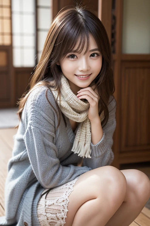   woman sitting on the floor wearing a skirt and scarf,   nice, Japanese model woman 、 Fashion Model , beautiful, Frilled collar , Mute colored bodysuit and miniskirt, Elegant clothes, woman, Gorgeous woman, beautiful, light blue grey, Cheerful,  wearing elegant clothes 、 look at the camera、Detailed and beautiful eyes、Bright expression、 cute smile、A soft and gentle smile