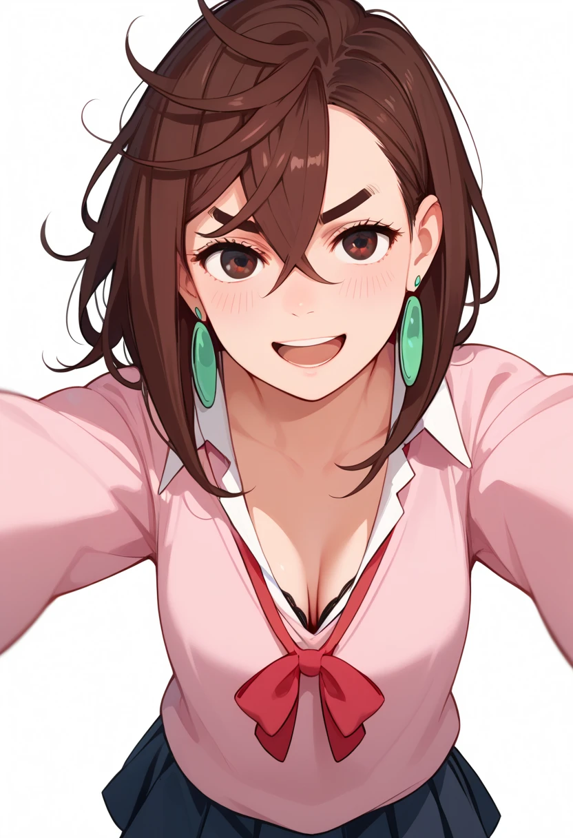 1girl,bent over, downblouse, spread arms and hold viewer, show cleavage, bra, smirk face, ayase momo, brown hair, brown eyes, medium hair, hair between eyes, thick eyebrows, earrings, Messy Hair, school outfit, pleats skirt,undressed red bow, pink sweater, harf open mouth, blush, looking viewer, pretty detailed anime style, 