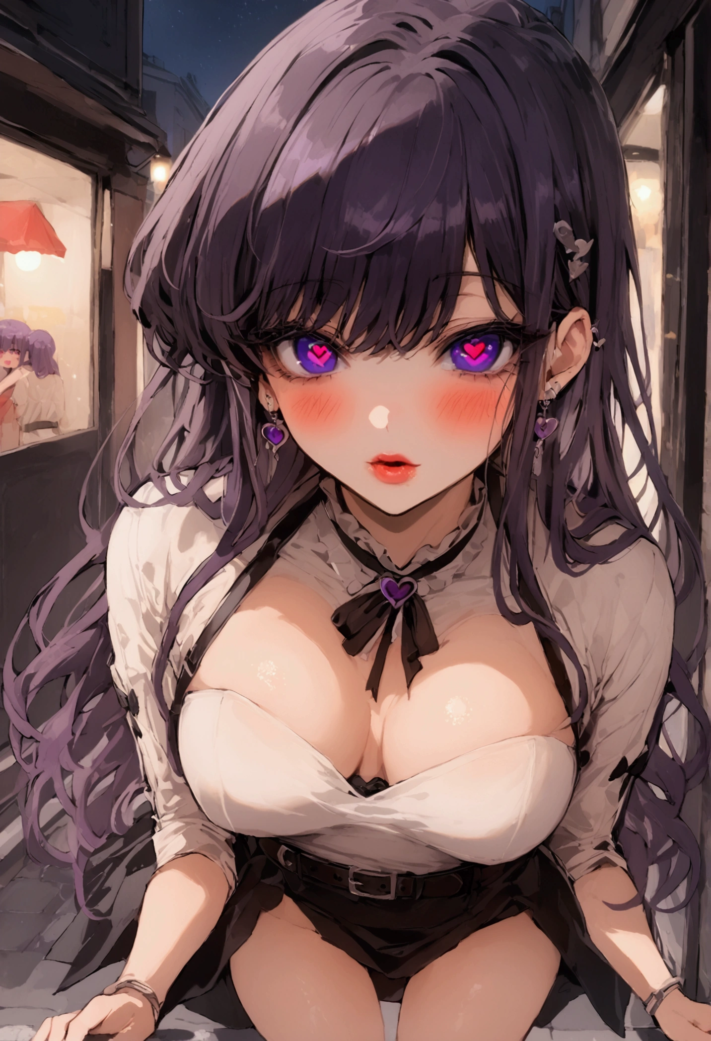 score_9, score_8_up, score_7_up, source_anime BREAK 1girl, pov, Komi Shouko, hypnosis, standing, street at night, heart-shaped pupils, swept bangs, dress, belt, brainwashed, blush, looking at viewer, thigh gap, phone, heart, eye symbol, purple hair, rating_questionable