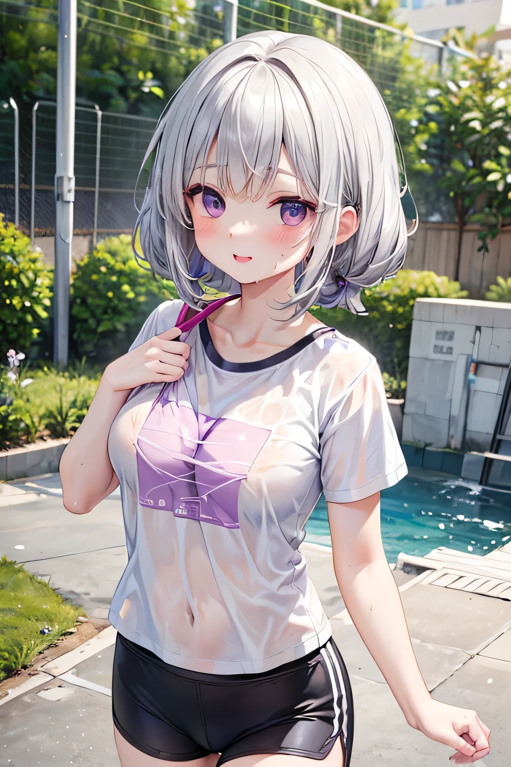 masterpieces during breakfast , top quality, Absurd, high definition , Ultra Detailed, very detailed CG unity 8K wallpaper , 1 cute cute lovely girl, (brassiere showing through wet sports white t shirt that is wet from sweat, right pinkブラ、 school sports shorts , Running around the school yard , My tired face is distorted , sweat, messy hair , cute)(((Purple Eyes, Silver Hair, hairstyle random )))