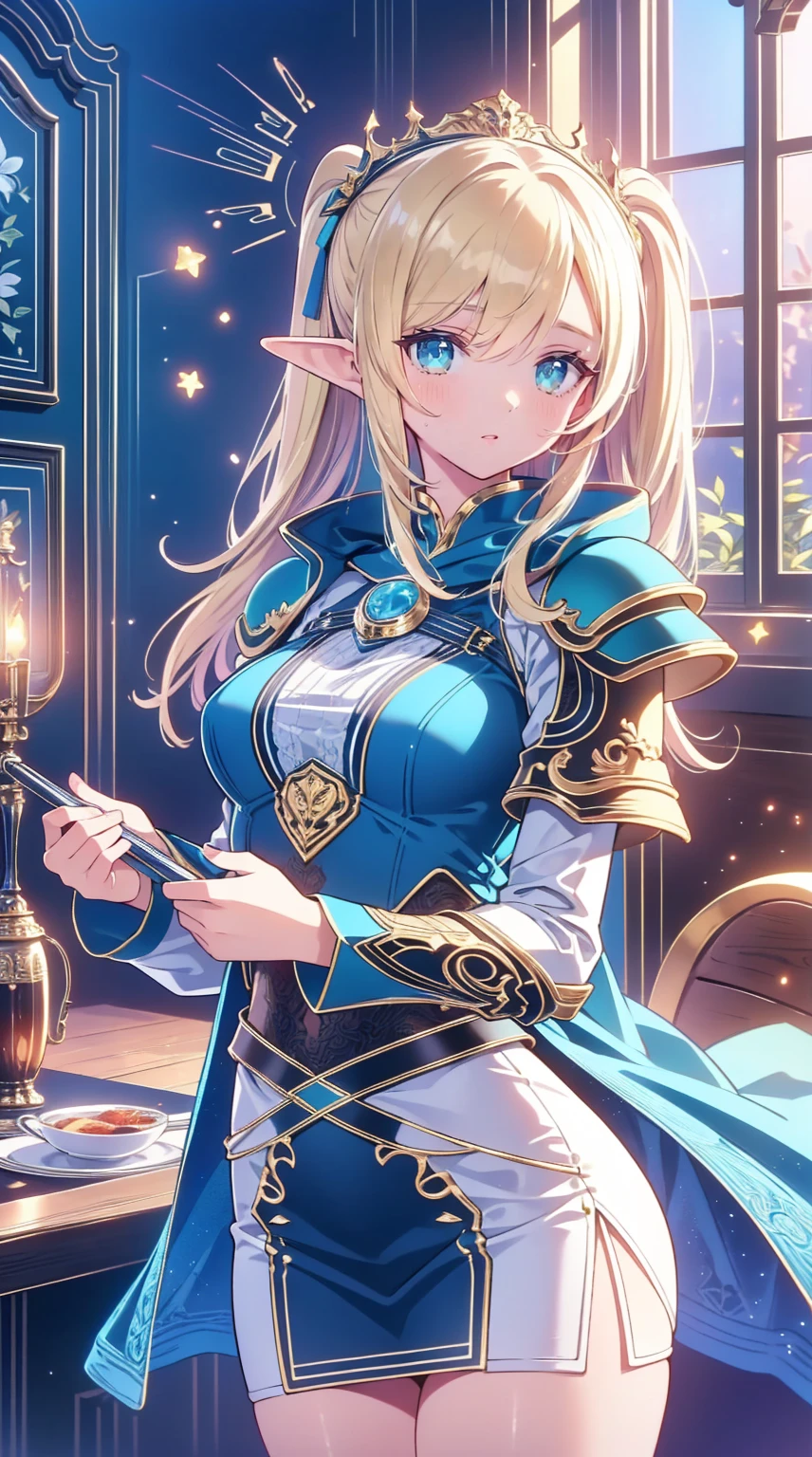 1 beautiful female high elf is holding and looking at a luminous crystal orb, elfic forest in the background, depth of field, glowing lights, fantasy theme, night, dynamic composition, ultra definition, ultra resolution, intricate details, volumetric light, soft lighting
