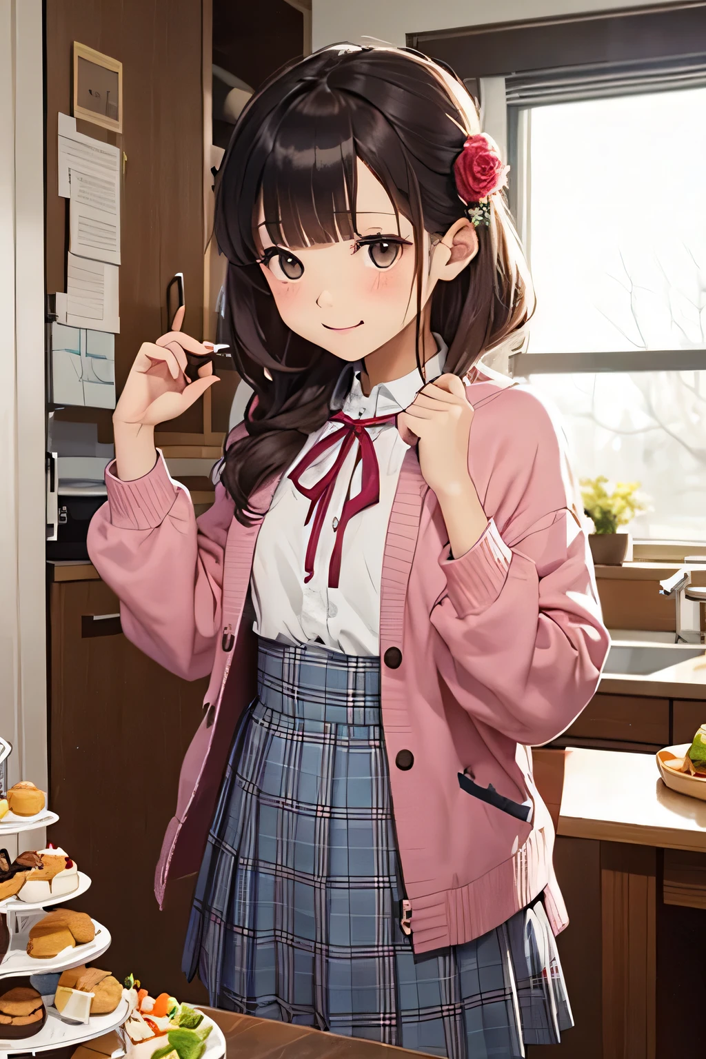 (8K、Highest image quality、highest quality、masterpiece)、detailed face、((One ))、black hair、twintails、gray eyes、evil smile、((grin))、small breasts、A bow tie、((brown cardigan))、plaid skirt、(((micro miniskirt)))、cowboy shot、((hakohel)), scenery, pillow, bed, door, indoors, mirror, bag, toothbrush, shelf, tissue box, bottle, towel, alarm clock, calendar (object)、((pink lighting:1.4))