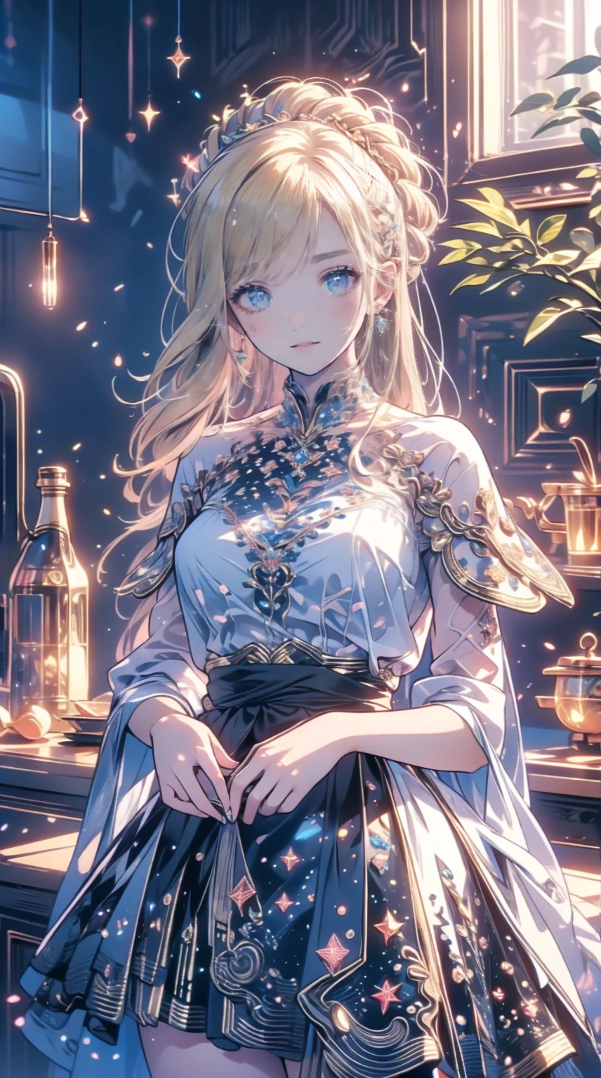  1 girl,  video game character ,  high definition,  beautiful face,  Elegant Dress ,  long blond hair ,  blue eyes,  Detailed Jewels ,  crowns,  Fantasy Medieval Stage , In the city, Splendid architecture,  sunlight shining through a window , Magical Energy Aura  , Dramatic lighting,  Cinematic Composition, Mysterious, Breathtaking,  masterpieces during breakfast 、(( top quality)),(超 high definition ),( very detailed),( detailed description ),(( best CG )),(  masterpieces during breakfast ), Ultra Detailed Art 、( top quality、8k、32K、  masterpieces during breakfast )、( realistic )、( realistic :1.2)、( high definition )、 very detailed、 very pretty face and eyes 、 1 Woman 、 Thin Waist、Delicate body、( top quality、 attention to detail in order to breathe、 rich skin texture )、( top quality、8k、Oil paints:1.2)、 very detailed、( realistic 、 realistic :1.37)、 bright color、 elf woman 、 has a history of 150 years but looks 18 years old 、Cool Look、((Blonde long hair、 hair tied at the back ))、(Big jade green eyes、 slit eye 、 holding a star )、: 165cm、Variable body shape、Green and brown lightweight leather armor、hooded cloak、 has a longbow and quiver on his back、 Fantasy Worldview 、 Precision Description 、 Photorealistic、4k Texture
