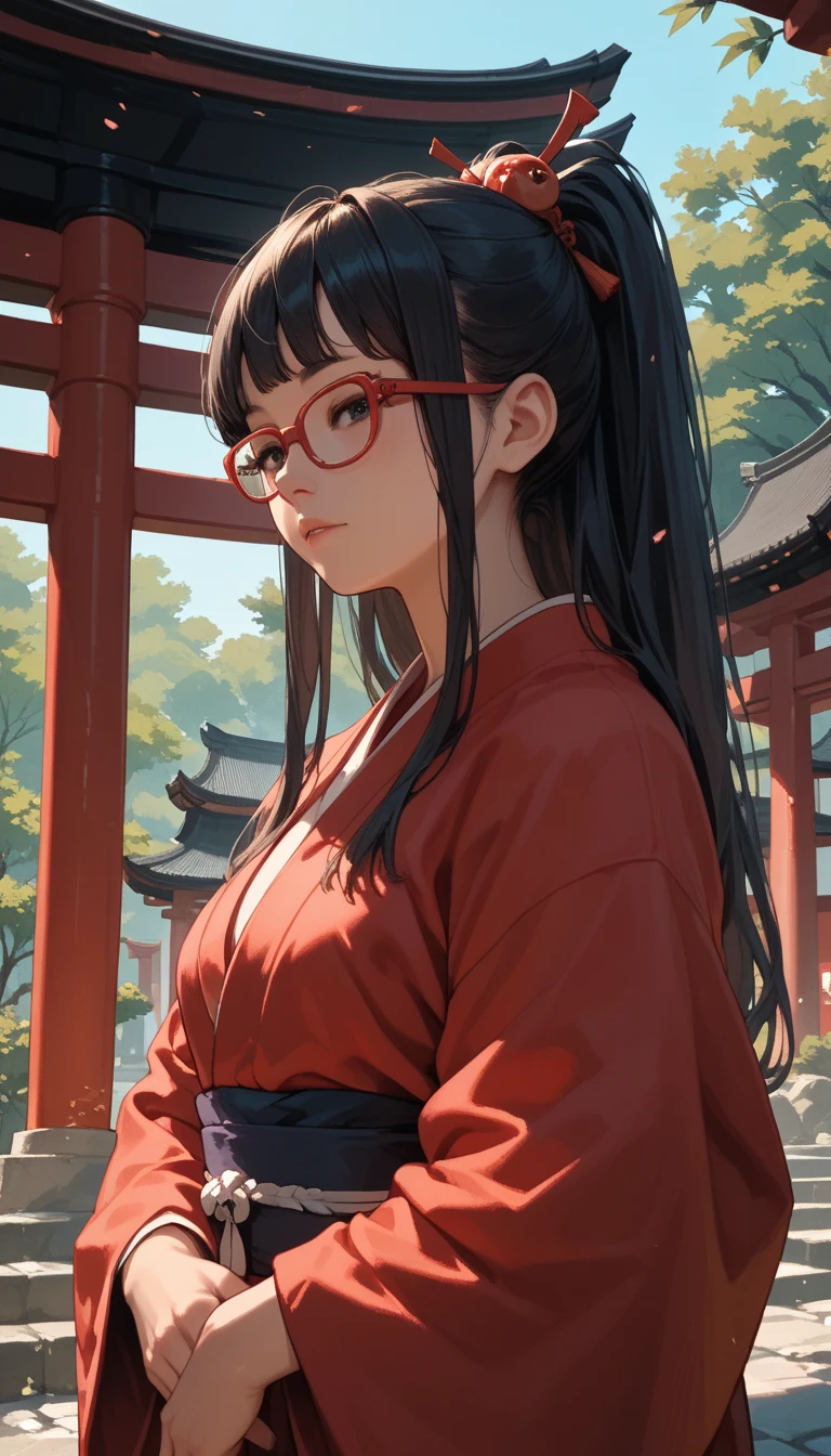 Black hair, long hair, glasses, red kimono, Japanese shrine, shrine visit