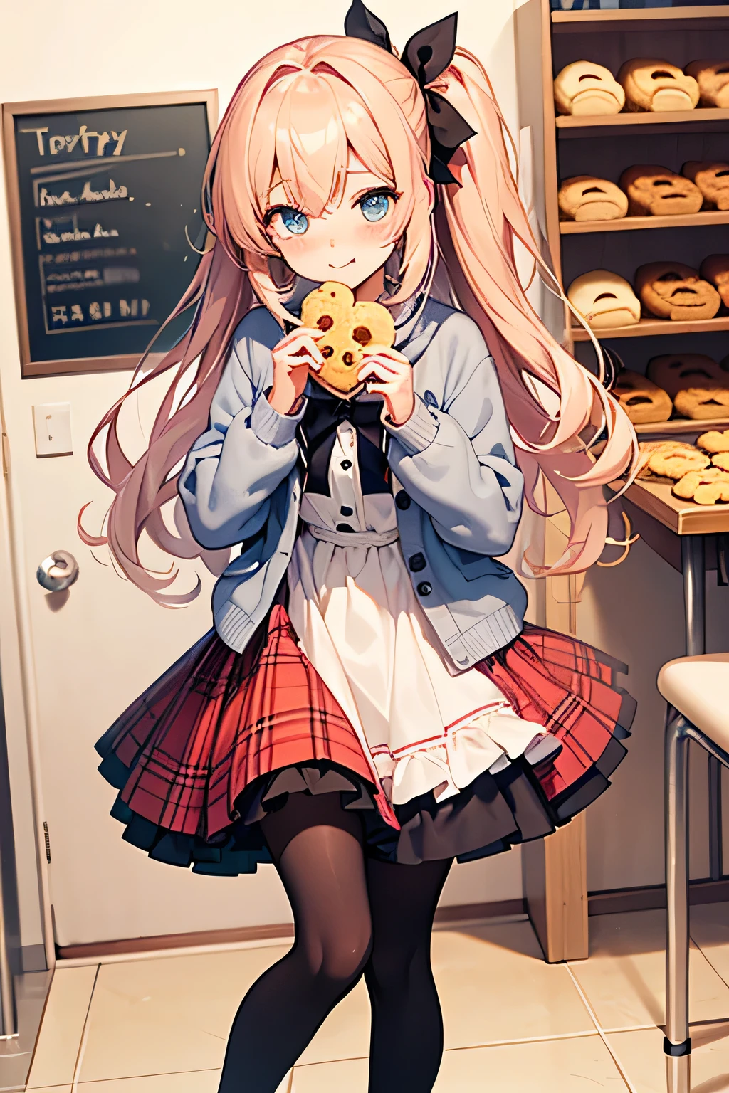 Best quality, high resolution, background details, May, a second-year junior high school student, got up early to make heart-shaped cookies. It was her dream to one day give handmade cookies to her crush, Takuma.
During lunch break, she called out to Takuma with a pounding heart, "Takuma, try this!" and handed him the cookies.
Takuma was surprised for a moment, but he accepted them with a smile and said, "Thank you, May. The cookies are really delicious." "It looks delicious!"
May's cheeks blushed as she watched Takuma take a bite. "mmm... it's really delicious! May, you're a good cook!",
May's heart beats faster. "Really? "I'm happy... but I'm a little embarrassed about the heart-shaped ones..." she says, so cute.
A dress with ribbons or ruffles、Choose a soft material in a pale pink or cream color、A dress with a design featuring ruffles or ribbons、The key is a skirt that flares out softly as you move、Finish off with simple sandals with ribbons、Pair a thin cardigan with pearl buttons with a pretty flared skirt、For colors, choose muted tones such as beige or light blue、
Pair a small jacket-style top with a plaid skirt for a stylish, mature look、Wear tights or cute socks underneath、 HALF UP+Pins with ribbons or small flowers, etc.