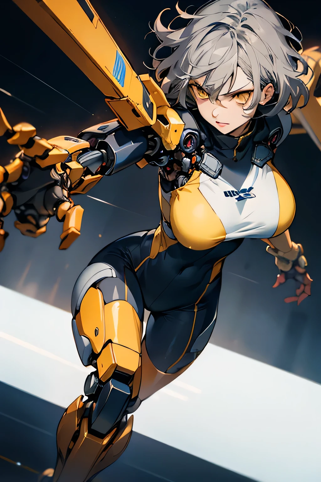 1woman, solo,Short hair, shaggy grey hair, yellow eyes, big breasts, 165 cm tall, (prosthetic mechanical arms and legs), fullbody shot, Dynamicangle,(cinematic lighting, close-up, super detail, UHD) ,Fighting, sharp,