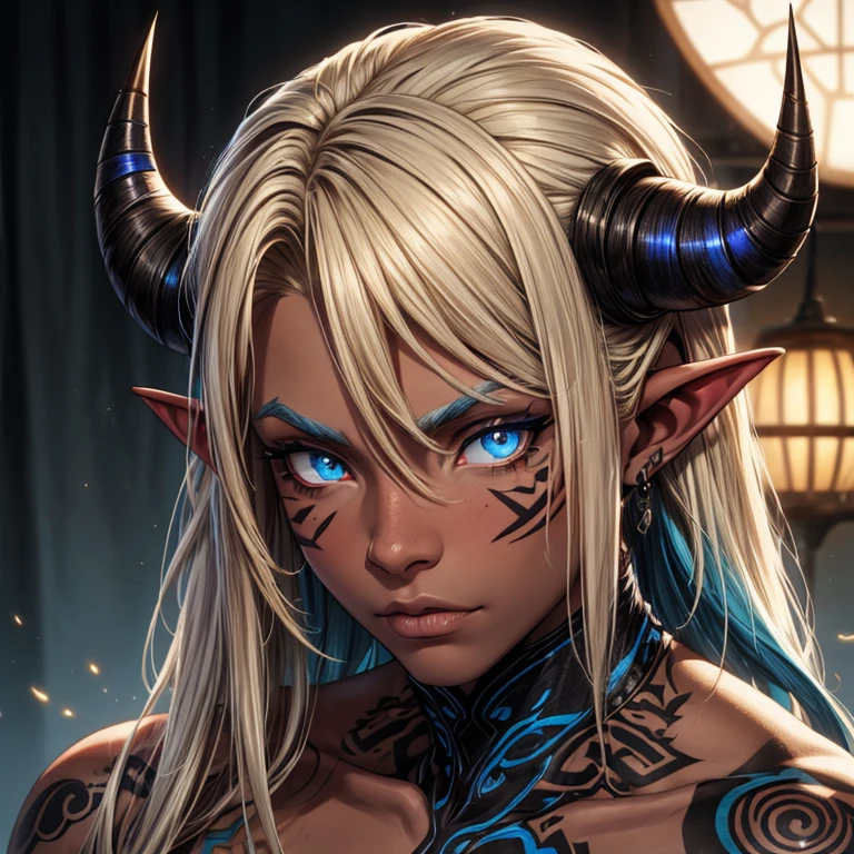  a boy ONI , Blue pupils, BLONDE hair, medium hair,  toned body , pele morena,  Tribal Tattoos, 1 horn , 1 horn  na testa,  pointy ears, sharp nails, black nails,  animal skin clothes, tribal clothes