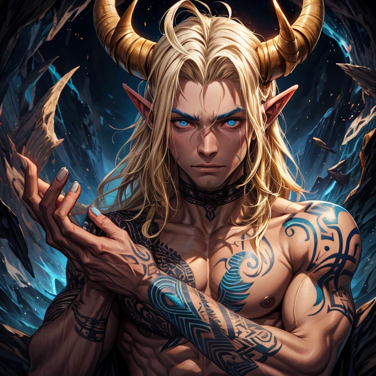  a boy ONI , Blue pupils, BLONDE hair, medium hair,  toned body , pele morena,  Tribal Tattoos, 1 horn , 1 horn  na testa,  pointy ears, sharp nails, black nails,  animal skin clothes, tribal clothes