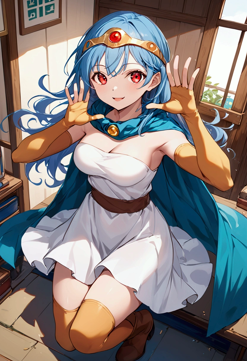 score_9、score_8_up、score_7_up、source_anime、(masterpiece、 top quality)、 high definition 、 very aesthetic 、 absurd、 very detailed 、 1 girl、Sage (dq3)、 blue hair、 red eyes、 long hair、burn、 circlet 、Elbow gloves、Short dress、 white dress、 strapless dress 、Cape、 thigh high boots 、 Textured Skin 、( realistic skin:0.5)、 looking at the viewer 、( raise your hand、, raise arms、Spread your fingers、 reach out、Crouch)、 tilting your head 、Smile lightly、 open her mouth 、cowboy shot、room、zPDXL3、