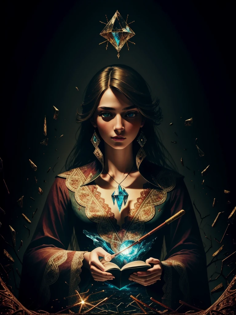  1girl, 8 k, intricate , elegant, Main detail, majestic , digital photography , cowboy shot, surreal painting ,Broken glass ,( masterpiece , side lighting, finely detailed  beautiful  eyes:1.2),HDR,void3energy,  beautiful , facing the viewer t , masterpiece , glowing runesAIV2 _red,  1girl, a wizard, magician. With a book in hand. With a magic wand.