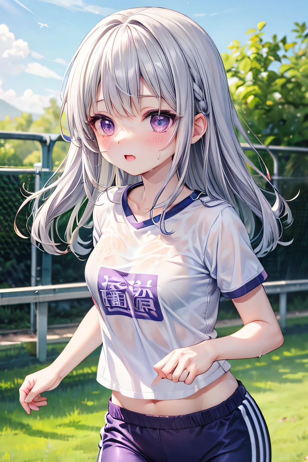   masterpieces during breakfast ,  top quality,  Absurd,  high definition ,  Ultra Detailed,  very detailed CG unity 8K wallpaper , 1 cute cute lovely  girl, （brassiere showing through wet sports white t shirt that is wet from sweat,  school sports shorts , Running around the school yard ,  My tired face is distorted , sweat,   messy hair , cute）(((Purple Eyes,  Silver Hair, hairstyle random )))
