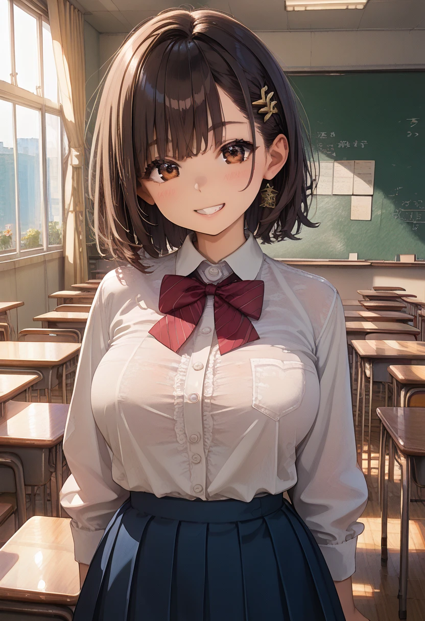 (score_9, score_8_up, score_7_up,source_anime,masterpiece:1.3),(masterpiece, detailed:1.2),Vector Art,best quality,very aesthetic,absurdres ,Fine hair,intricate illustration ,ultra-detailed animation,1girl,li,faint smile,Provoke,Brown Hair,Messy Tip Hairstyle,large breasts,Attempt to reduce breast size,Rounded breasts,school,classroom