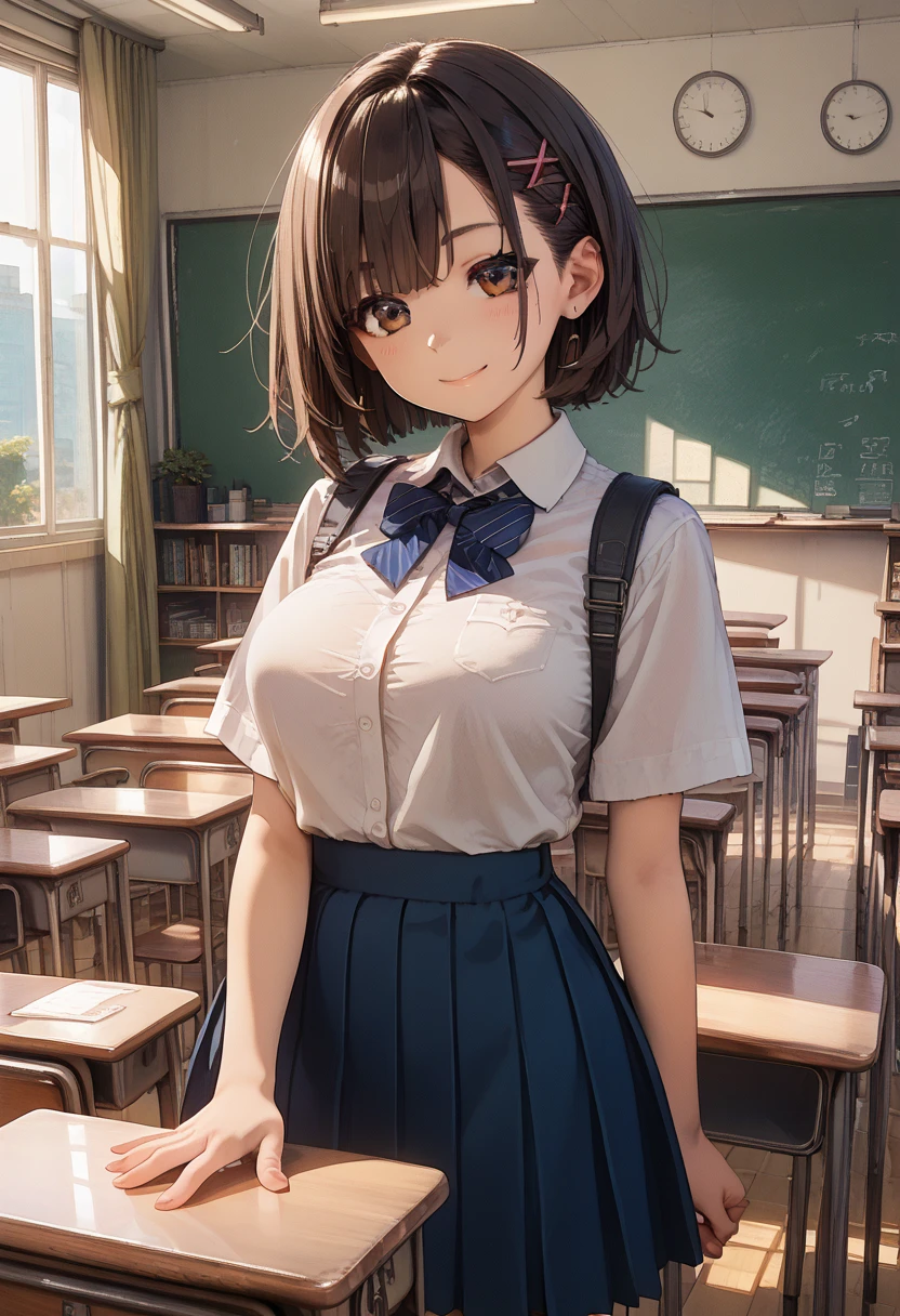 (score_9, score_8_up, score_7_up,source_anime,masterpiece:1.3),(masterpiece, detailed:1.2),Vector Art,best quality,very aesthetic,absurdres ,Fine hair,intricate illustration ,ultra-detailed animation,1girl,**li,faint smile,Provoke,Brown Hair,Messy Tip Hairstyle,large breasts,Attempt to reduce breast size,Rounded breasts,school,classroom