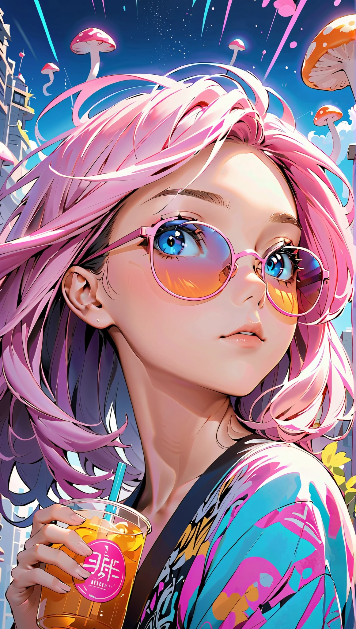 touch of Eguchi Hisashi. A cool and cute anime style illustration of a woman looking forward and looking up. drinking a kombucha through a straw He has beautiful eyes and thin sunglasses. Her hair is black and decorated with mushrooms and zetas, the woman occupying two-thirds of the screen. Neon color accents radiate from her hair, creating a vibrant impression. The background is white.