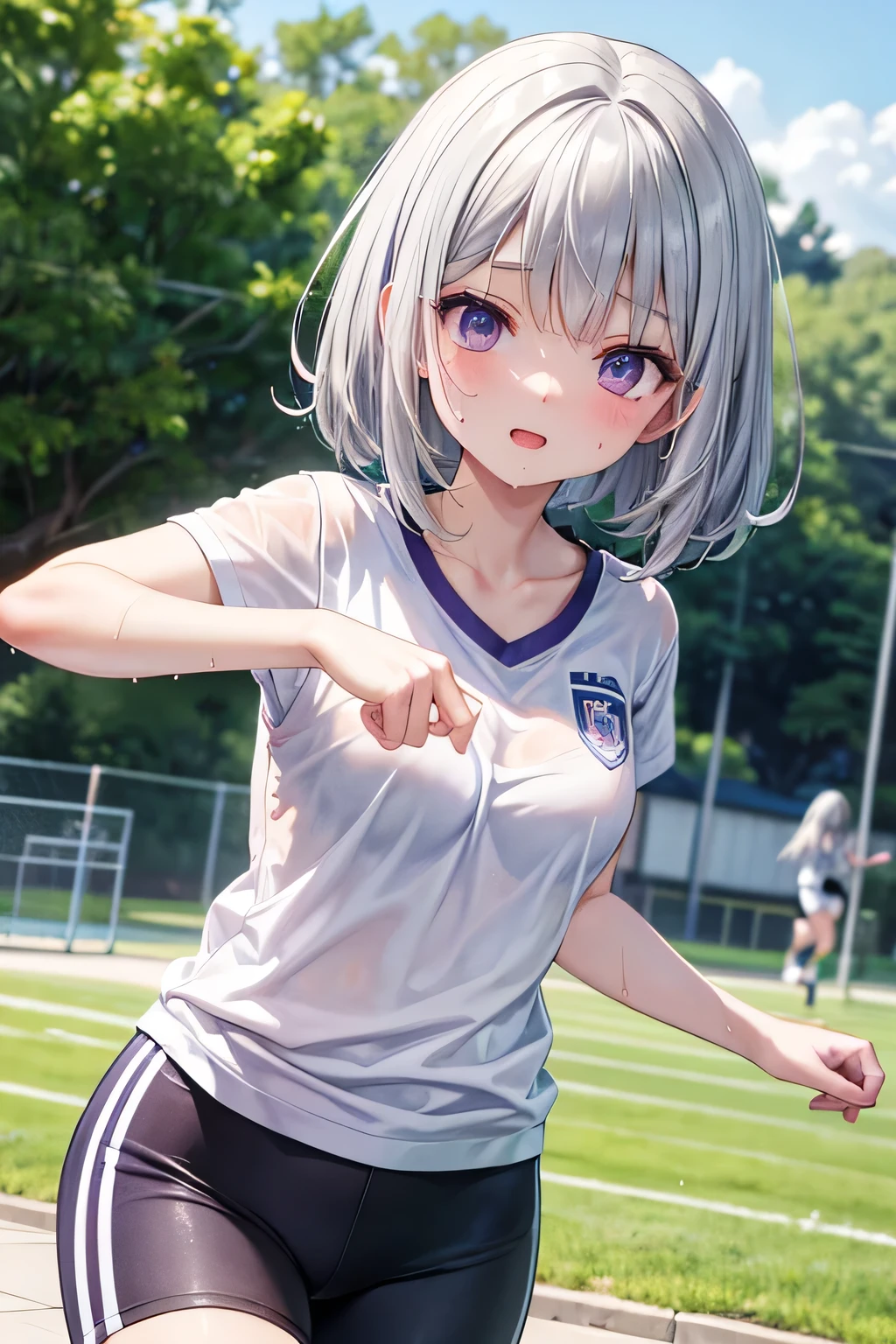 masterpieces during breakfast , top quality, Absurd, high definition , Ultra Detailed, very detailed CG unity 8K wallpaper , 1 cute cute lovely girl, (brassiere showing through wet sports white t shirt that is wet from sweat, school sports shorts , Running around the school yard , My tired face is distorted , sweat, messy hair , cute)(((Purple Eyes, Silver Hair, hairstyle random )))