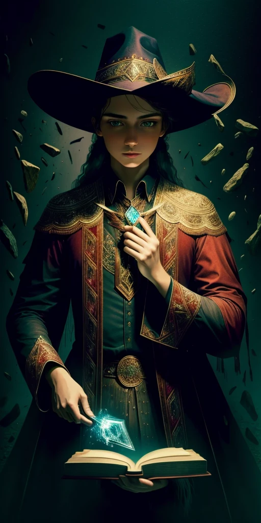  1girl, 8 k, intricate , elegant, Main detail, majestic , digital photography , cowboy shot, surreal painting ,Broken glass ,( masterpiece , side lighting, finely detailed  beautiful  eyes:1.2),HDR,void3energy,  beautiful , facing the viewer t , masterpiece , glowing runesAIV2 _red,  1girl, a wizard, magician. With a book in his hand. With a magic wand.  Turn into 3/4 portrait .