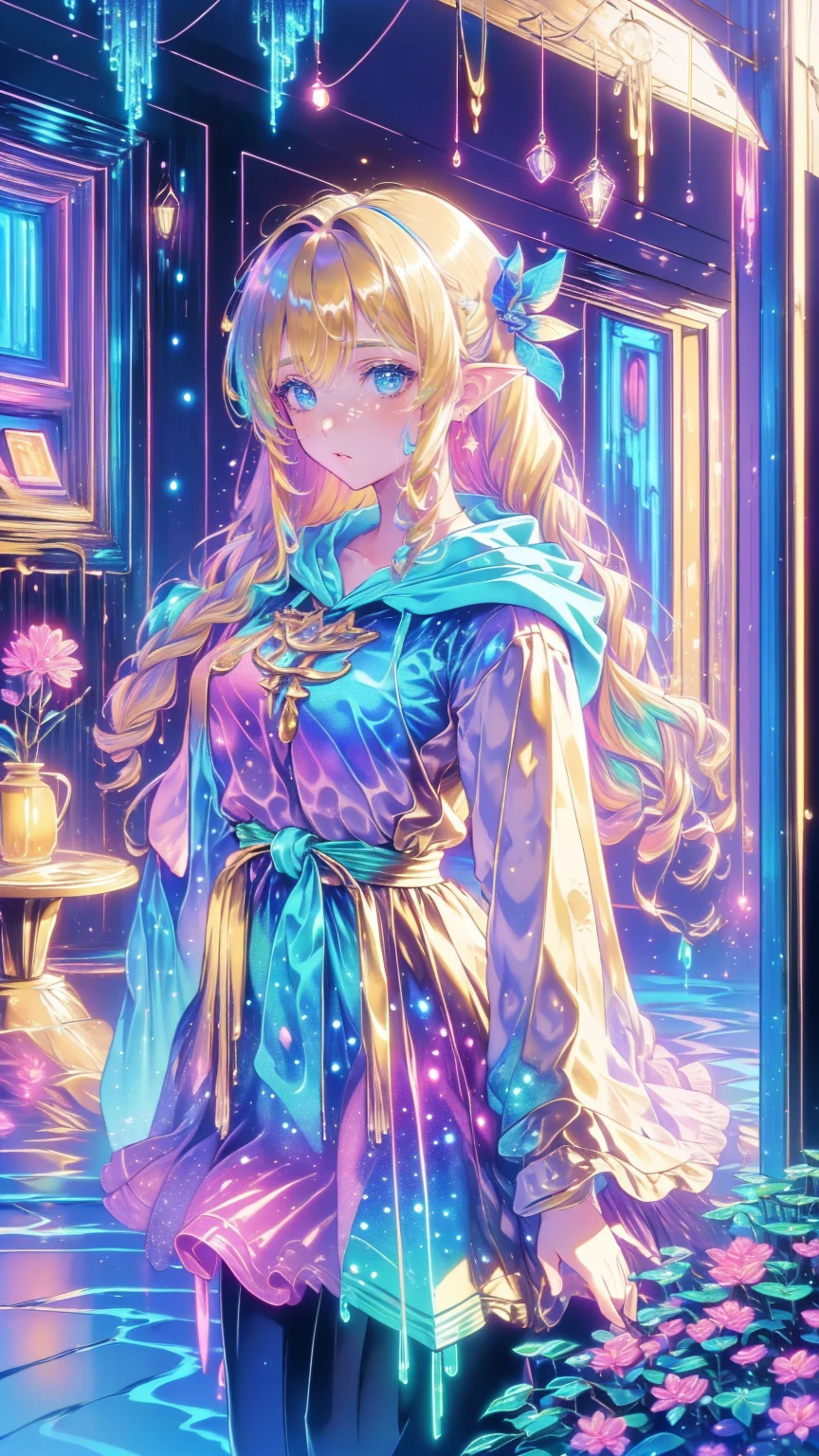  1 girl,  video game character ,  high definition,  beautiful face,  Elegant Dress ,  long blond hair ,  blue eyes,  Detailed Jewels ,  crowns,  Fantasy Medieval Stage , In the city, Splendid architecture,  sunlight shining through a window , Magical Energy Aura  , Dramatic lighting,  Cinematic Composition, Mysterious, Breathtaking,  masterpieces during breakfast 、(( top quality)),(超 high definition ),( very detailed),( detailed description ),(( best CG )),(  masterpieces during breakfast ), Ultra Detailed Art 、( top quality、8k、32K、  masterpieces during breakfast )、( realistic )、( realistic :1.2)、( high definition )、 very detailed、 very pretty face and eyes 、 1 Woman 、 Thin Waist、Delicate body、( top quality、 attention to detail in order to breathe、 rich skin texture )、( top quality、8k、Oil paints:1.2)、 very detailed、( realistic 、 realistic :1.37)、 bright color、 elf woman 、 has a history of 150 years but looks 18 years old 、Cool Look、((Blonde long hair、 hair tied at the back ))、(Big jade green eyes、 slit eye 、 holding a star )、: 165cm、Variable body shape、Green and brown lightweight leather armor、hooded cloak、 has a longbow and quiver on his back、 Fantasy Worldview 、 Precision Description 、 Photorealistic、4k Texture
