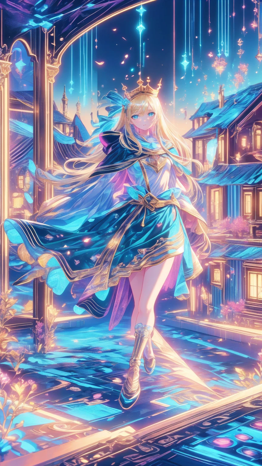  1 girl,  video game character ,  high definition,  beautiful face,  Elegant Dress ,  long blond hair ,  blue eyes,  Detailed Jewels ,  crowns,  Fantasy Medieval Stage , In the city, Splendid architecture,  sunlight shining through a window , Magical Energy Aura  , Dramatic lighting,  Cinematic Composition, Mysterious, Breathtaking,  masterpieces during breakfast 、(( top quality)),(超 high definition ),( very detailed),( detailed description ),(( best CG )),(  masterpieces during breakfast ), Ultra Detailed Art 、( top quality、8k、32K、  masterpieces during breakfast )、( realistic )、( realistic :1.2)、( high definition )、 very detailed、 very pretty face and eyes 、 1 Woman 、 Thin Waist、Delicate body、( top quality、 attention to detail in order to breathe、 rich skin texture )、( top quality、8k、Oil paints:1.2)、 very detailed、( realistic 、 realistic :1.37)、 bright color、 elf woman 、 has a history of 150 years but looks 18 years old 、Cool Look、((Blonde long hair、 hair tied at the back ))、(Big jade green eyes、 slit eye 、 holding a star )、: 165cm、Variable body shape、Green and brown lightweight leather armor、hooded cloak、 has a longbow and quiver on his back、 Fantasy Worldview 、 Precision Description 、 Photorealistic、4k Texture
