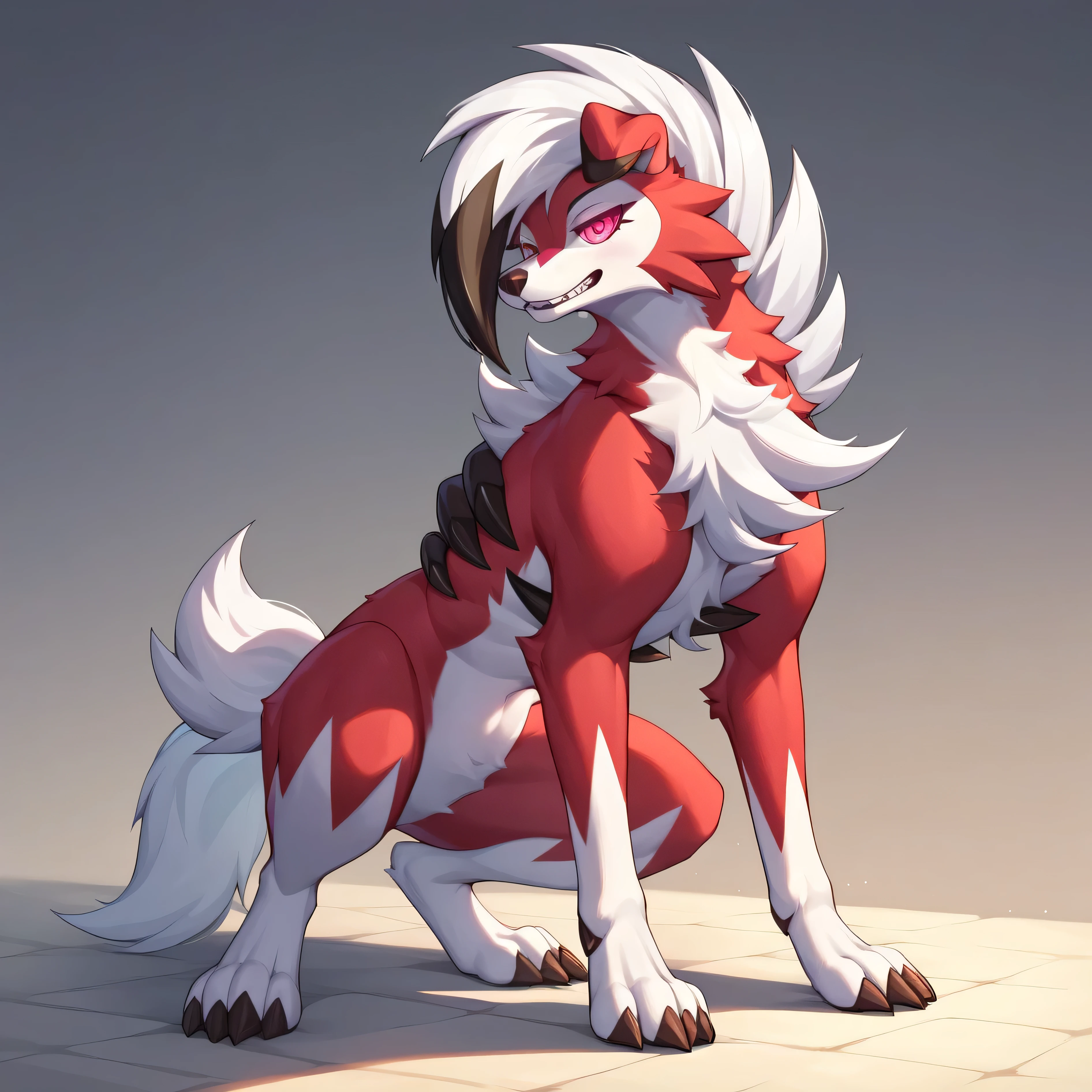 masterpiece:1.2, best quality, (highly detailed), score_9, score_8_up, score_7_up, full body shot, feral, Midnight Lycanroc_(Pokemon), Midnight Lycanroc, Dark Red Fur, Two Tone Fur, White hair, Black tipped Hair, naked, no visible clothes, in house, industrial background, 1girl, solo, large breasts,