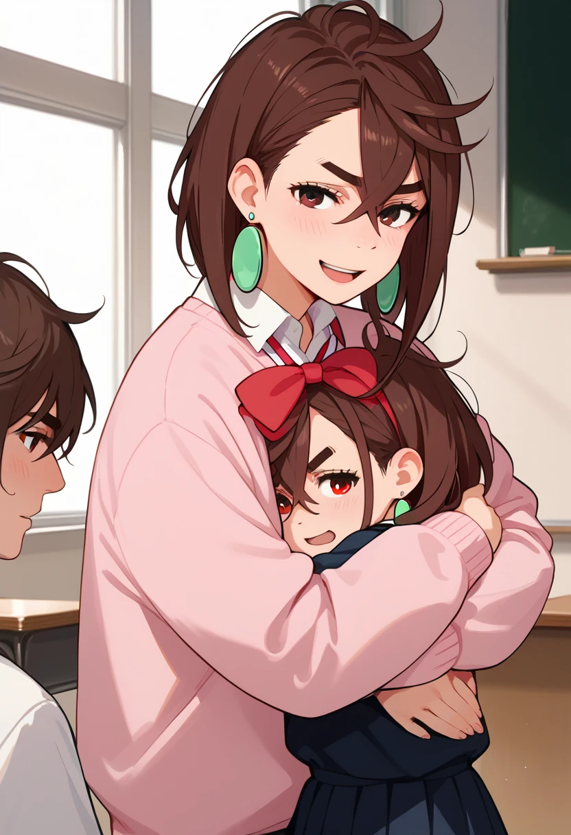 1girl,1boy,  forced hug, Bury boy face in a girl's breast, smirk face, ayase momo, brown hair, brown eyes, medium hair, hair between eyes, thick eyebrows, earrings, Messy Hair, school outfit, pleats skirt,undressed red bow, pink sweater, harf open mouth, blush, looking viewer, pretty detailed anime style, in classroom