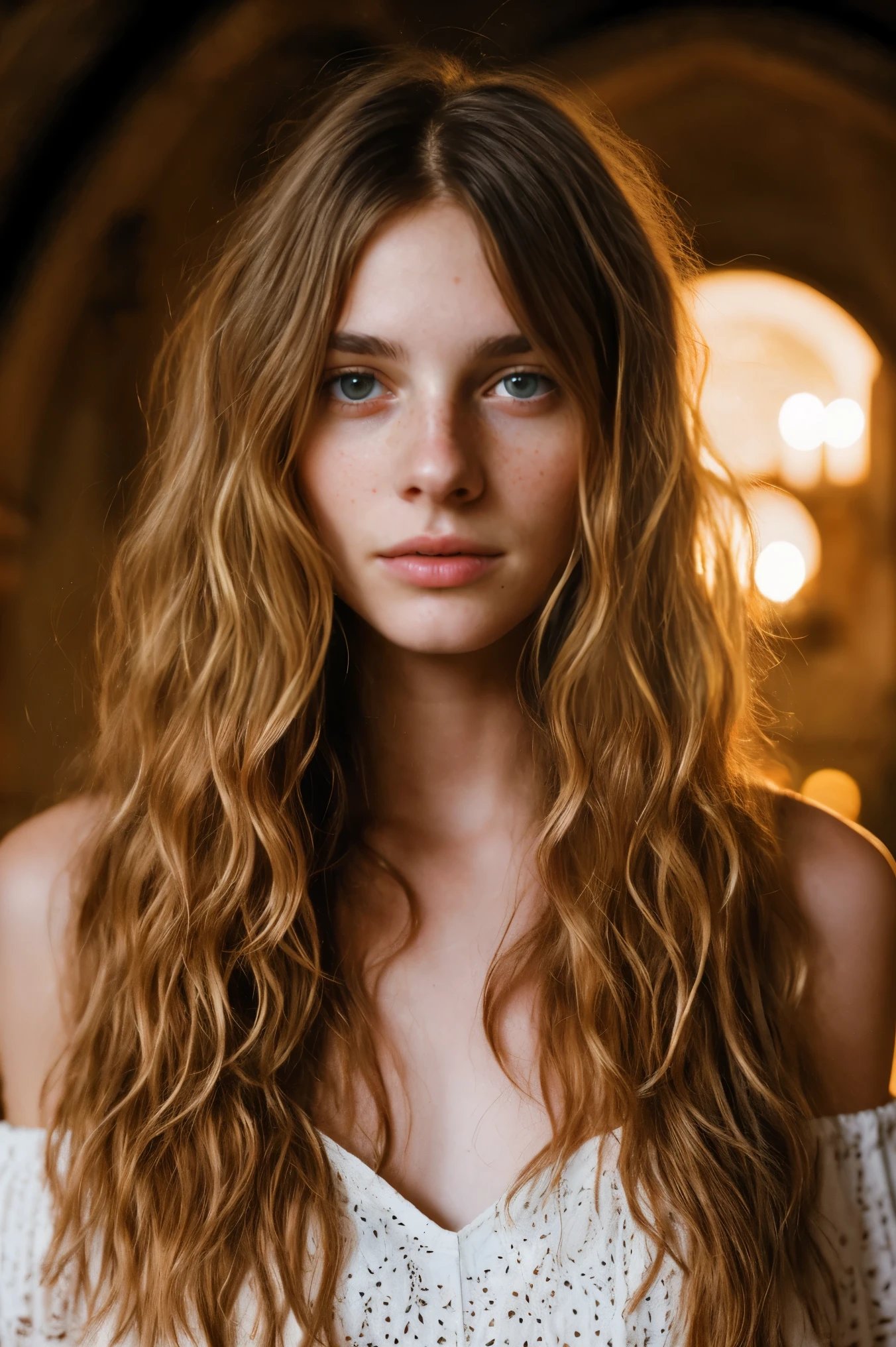 realistic photo of a , beautiful face, cute appearance, long wavy blonde hair with bangs, freckles, standing in plains relaxed expression, brimming with emotion, interplay of contrast along with detailed light and shadow, depth of field, dark atmosphere with candlelight scenario, nude we can see tits.