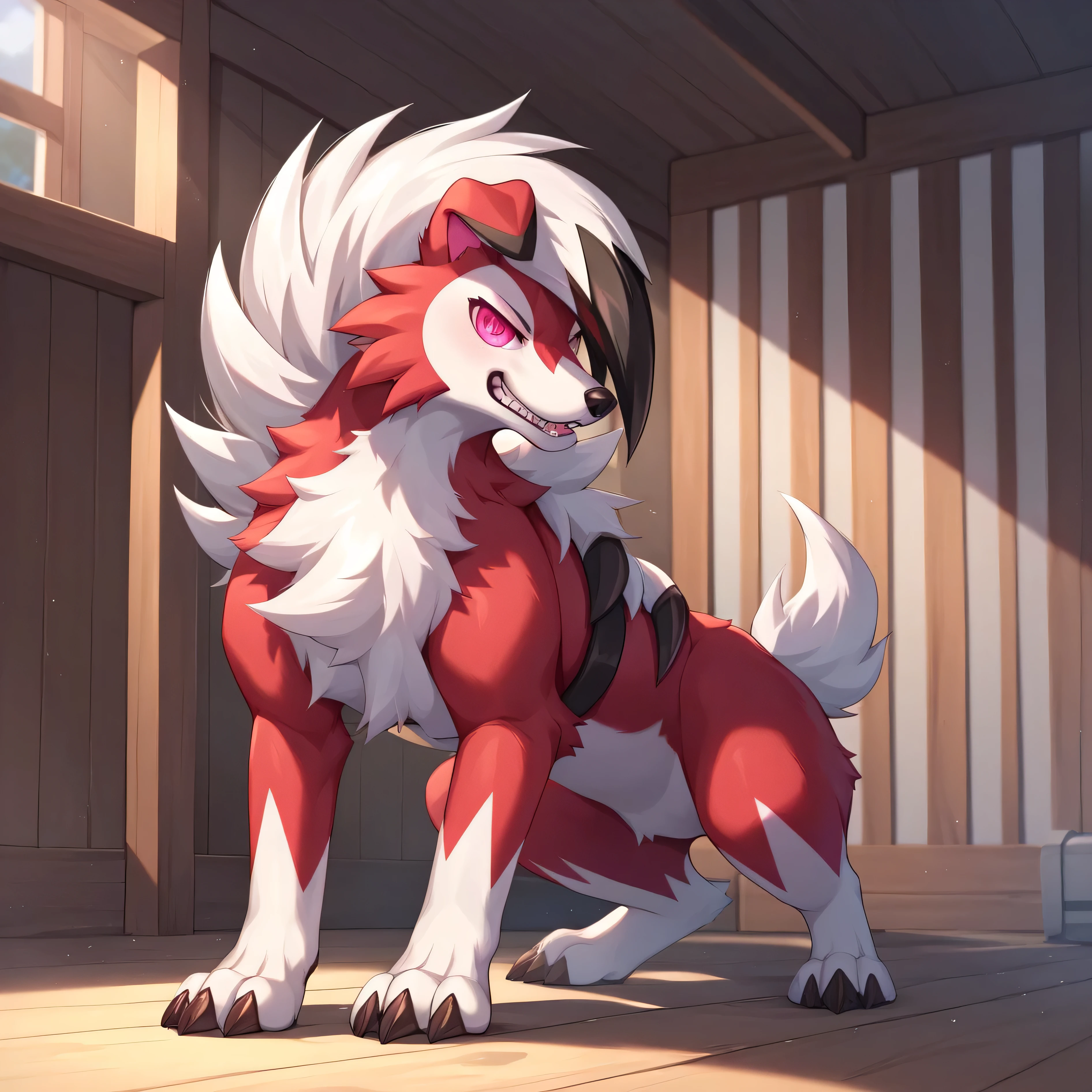 masterpiece:1.2, best quality, (highly detailed), score_9, score_8_up, score_7_up, full body shot, feral biped, Midnight Lycanroc_(Pokemon), Midnight Lycanroc, Dark Red Fur, Two Tone Fur, White hair, Black tipped Hair, naked, no visible clothes, in house, industrial background, 1girl, solo, large breasts,