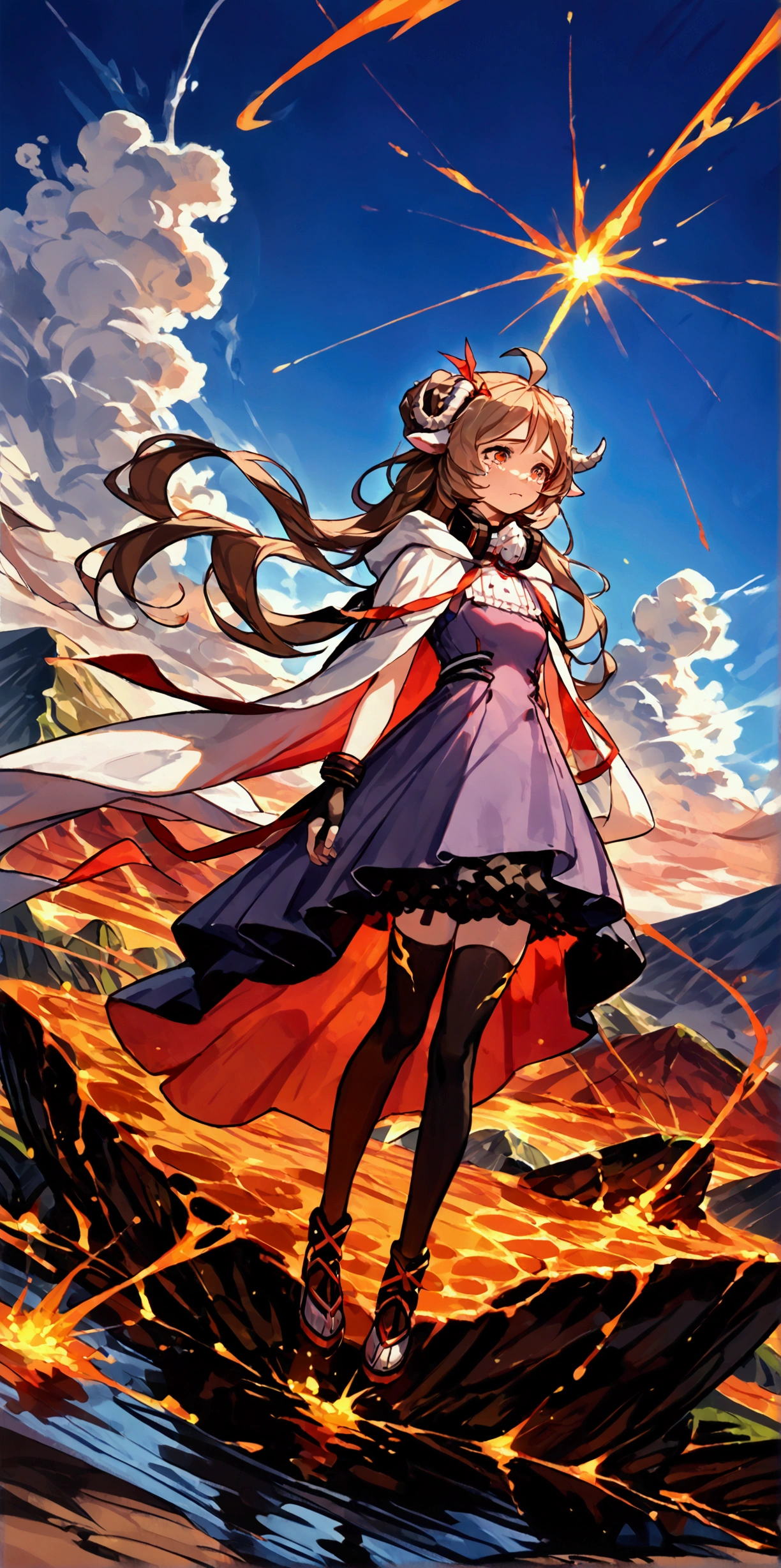 solo,1girl\((EyjafjallaBase):1.3, curled horns, ahoge, mask around neck, purple dress, white cape, fingerless gloves, black thighhighs,tears\), BREAK ,background\(beautiful red sparks,Lots of fireballs,(great eruption:1.3), lava\),(landscape:1.4),(dynamic angle:1.3). score_9, score_8_up, score_7_up, score_6_up, score_5_up, score_4_up, source_anime,source_furry,rating_safe,rating_questionable,masterpiece, best quality, perfect anatomy , very aesthetic , absurdres ,dutch angle