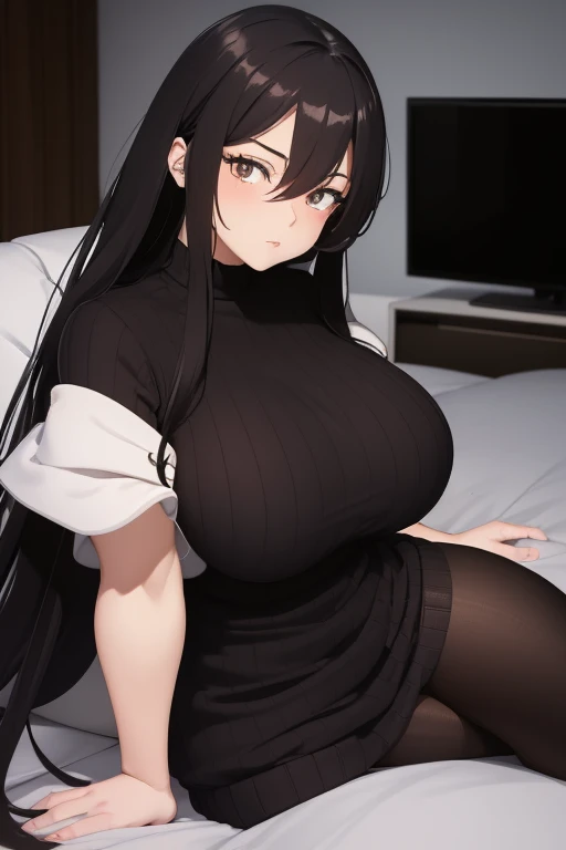  Anime woman lying on the local couch all dark with only the TV light beautiful and curvy body over her wears a waist-high blanket she wears a sweater her boobs are medium not so big long black hair dark brown eyes white skin looking at the viewer with a neutral expression Ex: She is a single mother  